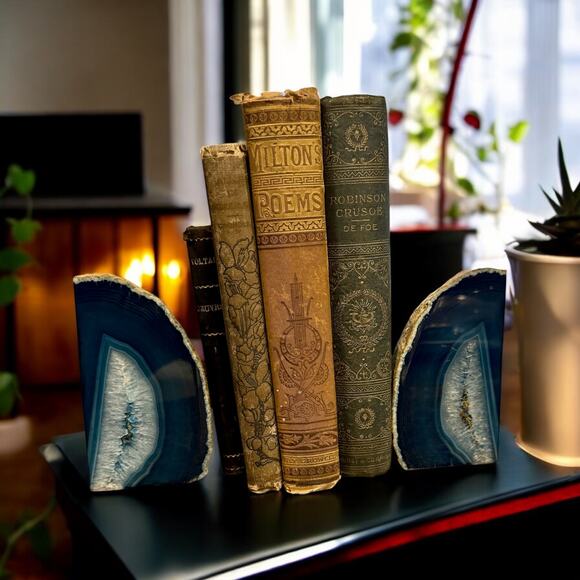 Blue Agate Bookends-Natural Geode-Crystal Quartz-Stone Decor-Boho-Chakra-Healing - Picture 4 of 7